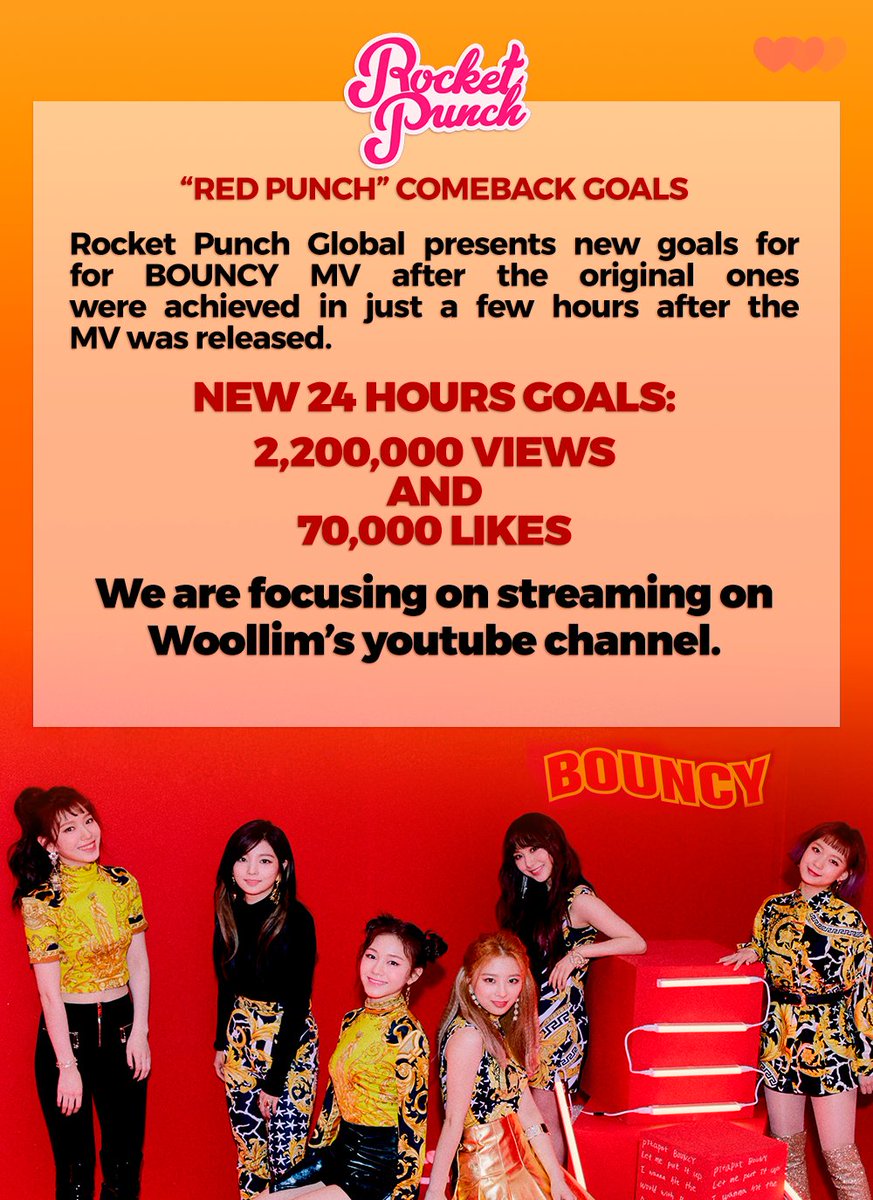RCPC_GLOBAL's tweet photo. [📸] Rocket Punch 1ST COMEBACK #RED_PUNCH🥊
NEW GOALS FOR BOUNCY MV.

STREAMING PLAYLIST: https://t.co/iEILddTrCU

We are focusing on streaming on Woollim's youtube channel.

#Rocket_Punch #로켓펀치
#BOUNCY https://t.co/sJOUx52RxV