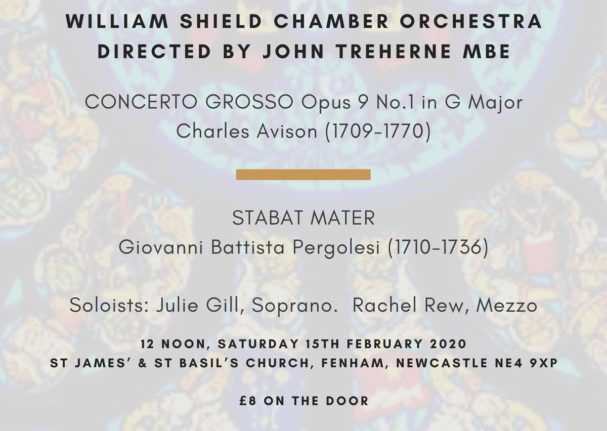 joolegill's tweet photo. Love Baroque? I really don’t know a better way to spend an hour on a cold February Saturday lunchtime. A Concerto Grosso by Newcastle’s own Baroque Master, Charles Avison will warm you up for the heart-rending Stabat Mater by Pergolesi. £8 on the door @FenhamMusicJB https://t.co/b3uUZ1oXBG