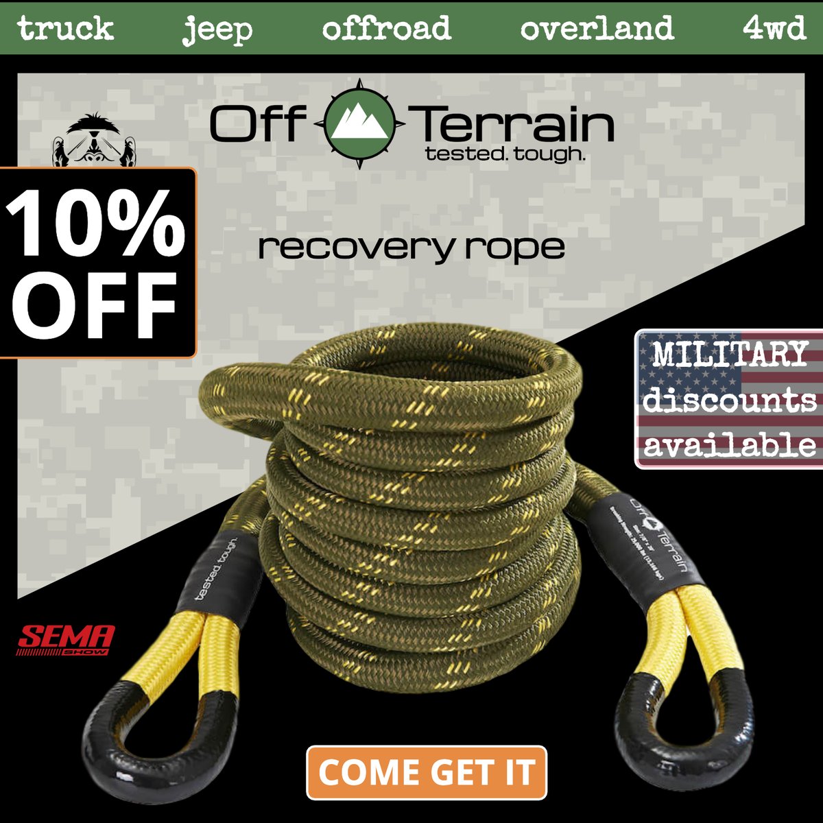 Visit us @ OffTerrain.com to order your kinetic recovery rope. 🇺🇸Military🇺🇸 Discounts available.  😎💪🏽

#OffTerrain #RecoveryGear #RecoveryRope #Offroad #Overland #Overlanding #4WD #Trucks #Jeep #Jeeps #ATV #UTV #OffroadLife #JeepLife #Hunting #Fishing #LiftedTrucks