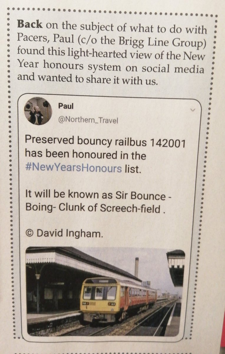 Northern_Travel's tweet image. Delighted to be in the latest edition of @RAIL Magazine, which will be available in all good newsagents price £3.90 from Wednesday. 

The subject matter is, bounce, screech, thud, wallop, clunk and the New Year's Honours list.

#Railbus Travel 👍