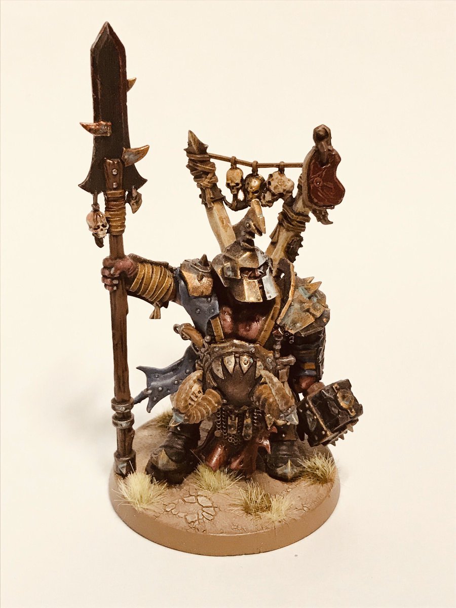 philkellywords's tweet photo. Time for a bit of hobby. This is Bolg, an ex-gladiator back from the fighting pits of Ghur’s heartlands to lead his old tribe. A slab of meat hangs from his trophy rack because his butcher Boggo told him the coming fight was ‘a high steaks battle’. #miniaturemonday #Warmongers https://t.co/nM133SLHPh