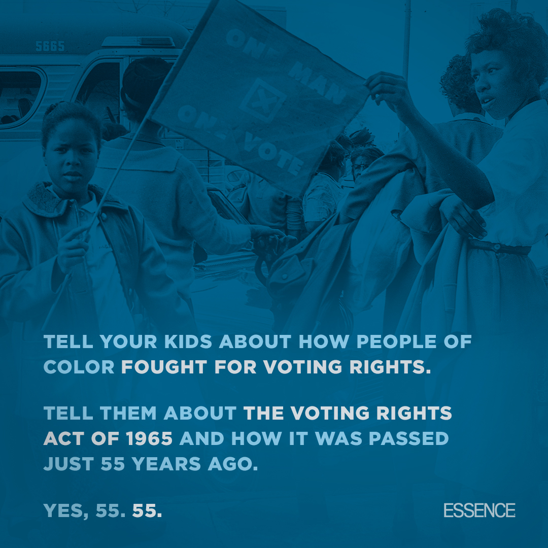 Essence's tweet image. The Voting Rights Act of 1965 dismantled state-level measures that made it extremely difficult for Black Americans to vote, including poll taxes, literacy tests, and outright violence against black voters. #NotThatLongAgo