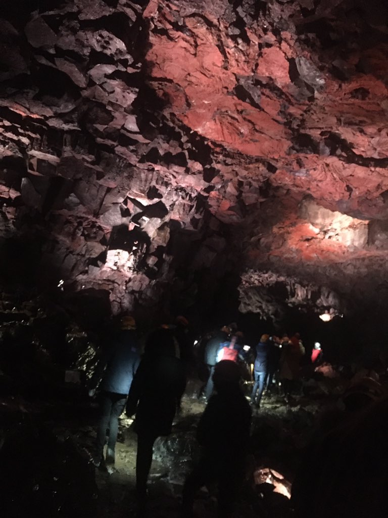 LangleyGeog's tweet photo. @lgs_news 1st stop on the Reykanes peninsular, the spectacular  @thelavatunnel - volcanic flows eroding their own lava tubes, cold bacteria, oxidation, snow and ice causing spectacular rock breakdown formations https://t.co/I16Y7LqKbZ