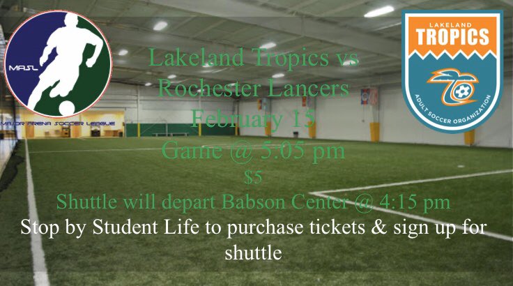 WIUStudentLife's tweet photo. Stop by the Student Life Office and sign up to attend the Lakeland Tropics vs the Rochester Lancers this Saturday @ 5:05 pm. $5 tickets !!! https://t.co/Z7eKjdeDnK