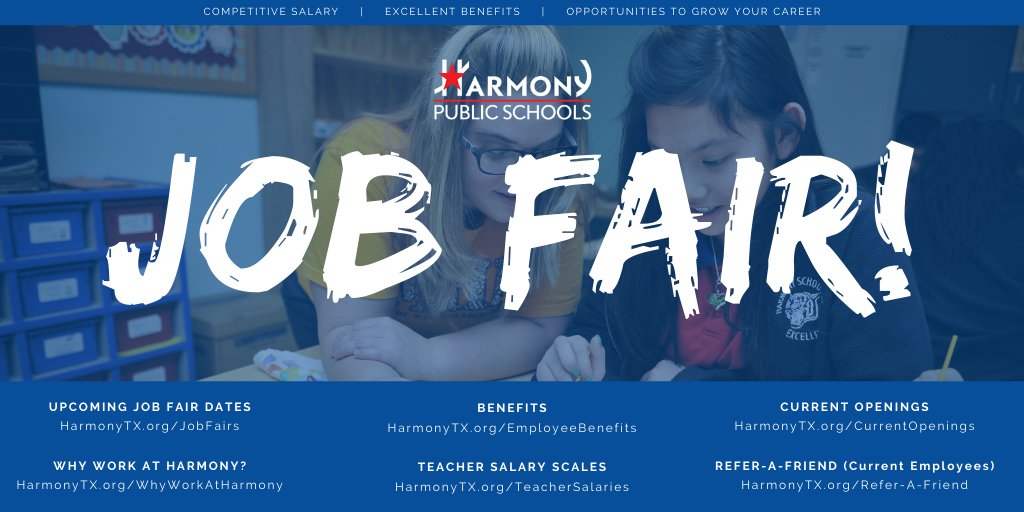 💼 Harmony Public Schools has upcoming job fairs in Houston, San Antonio, Austin, El Paso, Odessa, Lubbock, Laredo, Brownsville, and Cypress. Find out more or register at HarmonyTX.org/JobFairs
