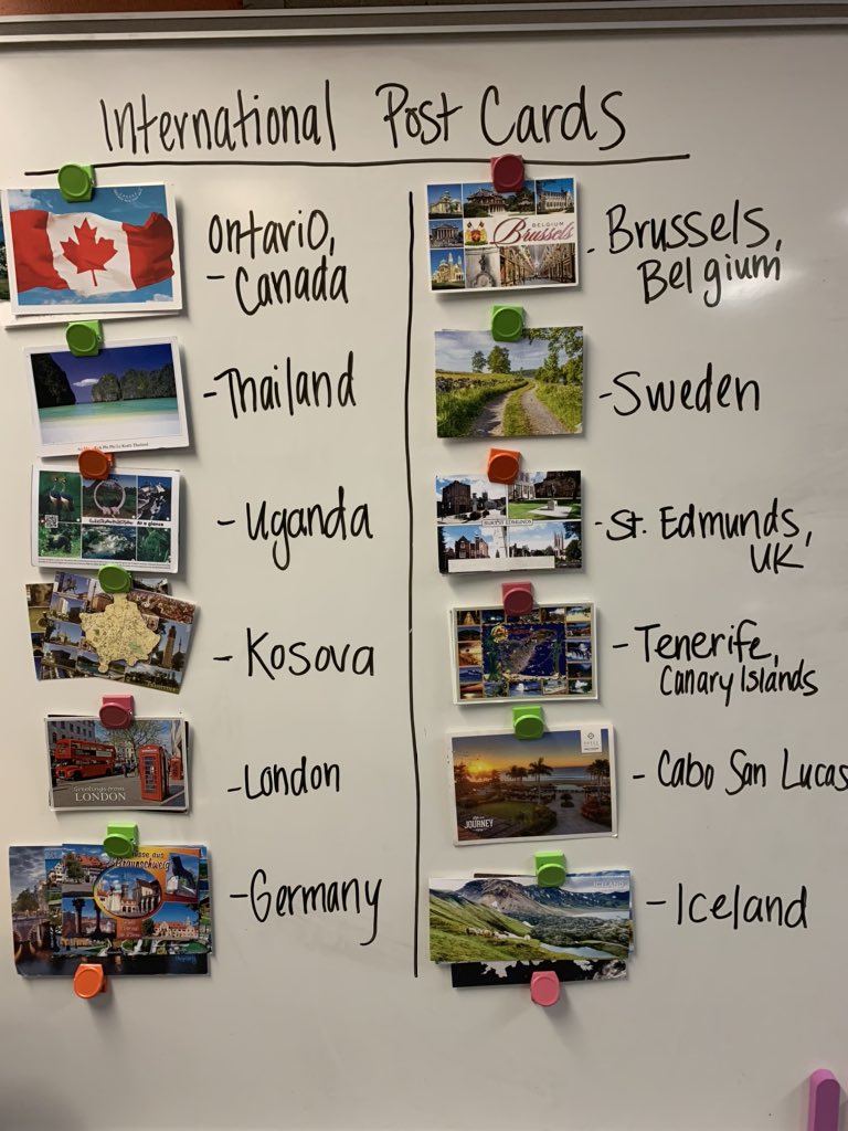 Bahr4th's tweet photo. The Great Postcard race is taking us international! We are having so much fun learning about all of these places. Thank you to everyone that is helping make it possible. #settingtheBahr #DLSchools https://t.co/zvMpXNJfCE