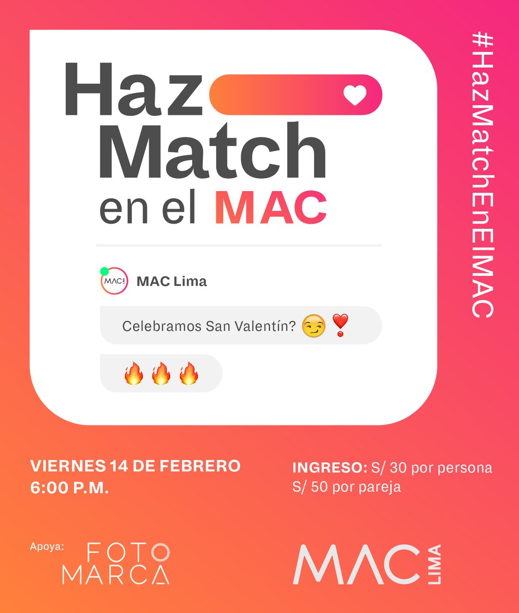 museomaclima's tweet photo. 💗 🔥 Haz Match en el MAC - San Valentín en el Museo
🗓 Viernes 14 de febrero
🕕 6:00 p.m.
🎫 Entrada: S/ 30 (por persona) S/ 50 (por pareja). Reserva tu cupo aquí ► https://t.co/En5dFUBDPJ
✨ #VenAlMAC #ElArteEsInevitable #museum #museo #SanValentin #amor #love #lovewins ✨ https://t.co/sXpu8ljCrx