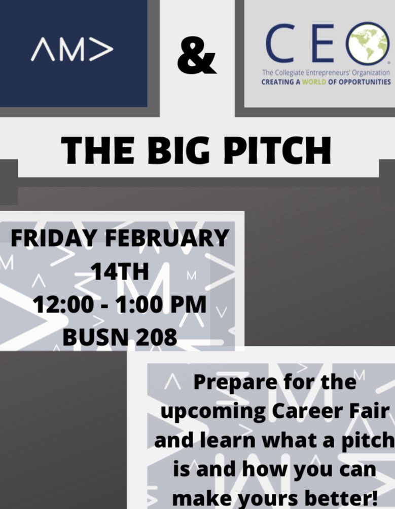 RowanAMA's tweet image. Friday, February 14th at 12PM in the business hall room 208 we will be having a meeting with CEO club discussing how to make proper pitches. Looking forward to seeing everyone there!
