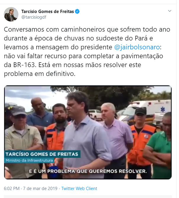 tarcisiogdf's tweet image. Em respeito ao compromisso que assumimos com caminhoneiros, produtores e cidadãos que aguardam há 45 anos por este dia, comunico que na sexta (14/02) o presidente @JairBolsonaro irá pessoalmente inaugurar a conclusão da pavimentação da BR-163 até Miritituba/PA. Promessa cumprida.
