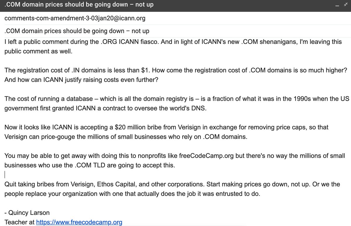 Breaking: After 2019's .ORG fiasco, <a href="/ICANN/">ICANN</a> is now removing price caps on all .COM domains as well.

This will hurt millions of small businesses.

Why do this?

Hint: ICANN got a $20M bribe from @Verisign.

Leave a public comment.

Here's mine.

Source: namecheap.com/blog/icann-all…