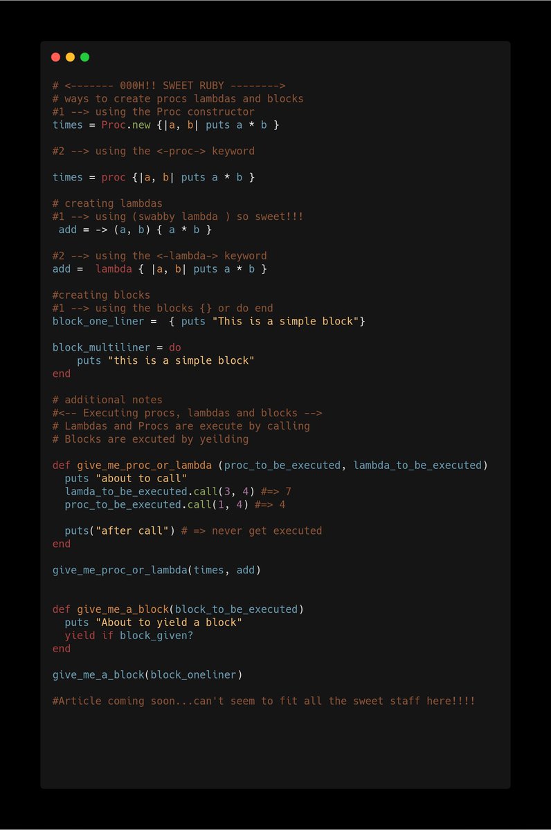 k3prop's tweet image. Day 2 #100DaysOfCode #learnwithmicroverse #codenewbie 

Blocks, procs, lambdas &amp;amp; closures with my new partner @TFH_ 🤯

Fell into lots of gotchas !!! i.e using JavaScript LET keyword while declaring Ruby variables. 😸

Created with @carbon_app