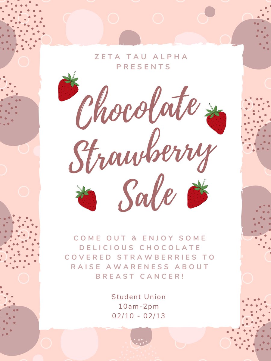 ⓣⓗⓘⓢ ⓦⓔⓔⓚ, our sisters will be selling chocolate covered strawberries to raise awareness about breast cancer awareness and education! We will be tabling in the Student Union from 10am-2pm, February 10-13. We would love to see y'all there!