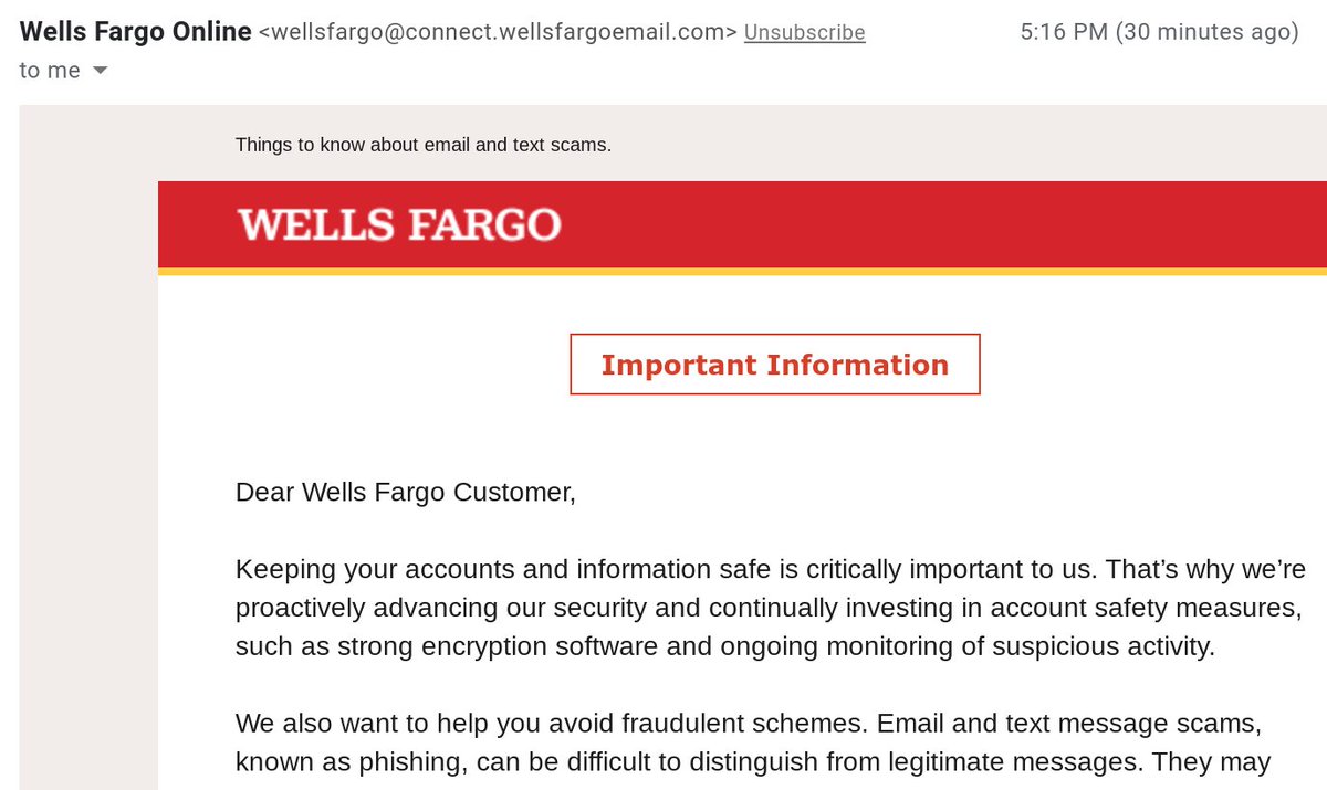 AndyBeal's tweet image. So @WellsFargo sends out an email warning of email scams and sends it from &quot;wellsfargo@connect.wellsfargoemail.com&quot; with all email links redirecting through that URL.

SMH

#ReputationFail #ReputationRoadkill