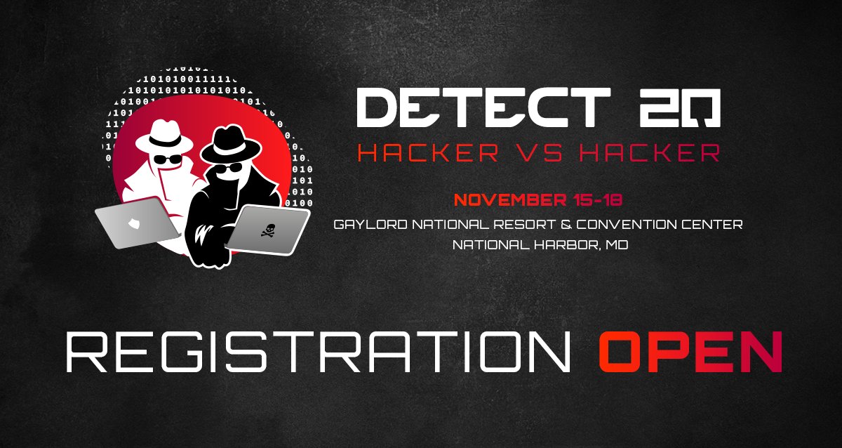 Anomali's tweet photo. #Detect20 registration is now OPEN! Join us for the threat intelligence event of the year - HACKER VS HACKER! Harness the value of threat intelligence November 15 – 18, 2020 at the Gaylord National Resort & Convention Center in National Harbor, Maryland. https://t.co/QC7MXG66Ux https://t.co/muFOGbV4av