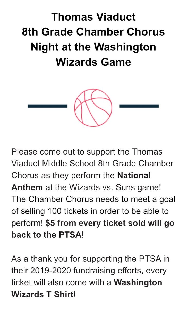 TVMSMusic's tweet photo. Come watch the @hcpss_tvms  Chamber Chorus as they sing the National Anthem at a @WashWizards vs @Suns basketball game on 3/25 Tickets sold at this link!
https://t.co/AfQ1nKih4m https://t.co/dMnwFy0gcy
