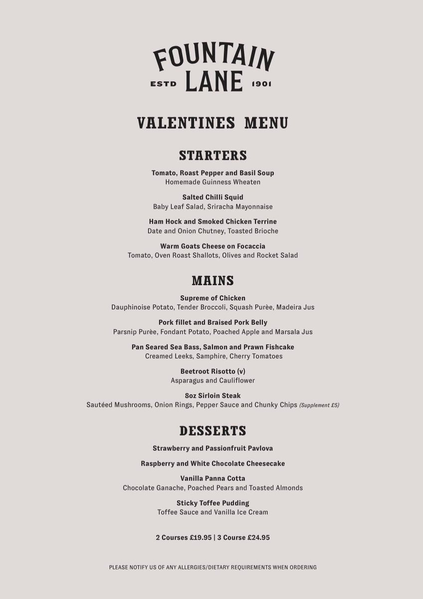 Love is in the air this Valentine’s at Fountain Lane. 🥂🥰❤️

Get your plans sorted for your loved one and book a table with us... call on 02890324769! 📞

#YourCityCentreLocal #FeedingandWatering #Since1901 #FountainLaneBelfast #BelfastBars