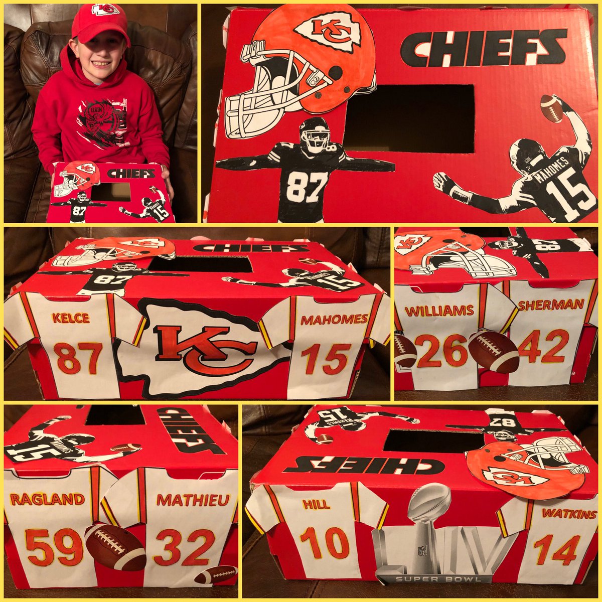 2nd grade Valentines Day box! This boy sure was excited to make it a Kansas City Chiefs Valentines box! <a href="/PatrickMahomes/">Patrick Mahomes II</a> <a href="/tkelce/">Travis Kelce</a> <a href="/cheetah/">Ty Hill</a> <a href="/sammywatkins/">King me</a> <a href="/Mathieu_Era/">Tyrann Mathieu</a> <a href="/reggieragland/">Reggie Ragland</a> <a href="/Shermanator_42/">Anthony Sherman</a> <a href="/TooLoose26/">Damien Williams</a> <a href="/Chiefs/">Kansas City Chiefs</a>
