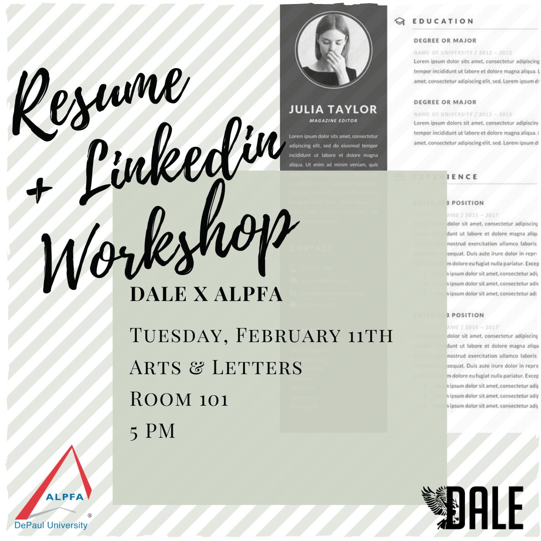 DePaul_DALE's tweet photo. ¡Hola familia! Come out tomorrow and get some tips on how do create your new resume for the new year as well as how to update your LinkedIn account :) https://t.co/Pfv8D0mQ8S