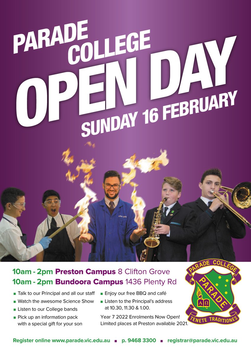 Mark your calendar! Open Day this Sunday 16 February! Clifton Grove Preston and 1436 Plenty Road Bundoora. 10am - 2pm! See you there! 
<a href="/OPAssociation/">OPA</a>
 
<a href="/ParadeNLC/">Nash Learning Centre</a>
 
@CEMelbourne