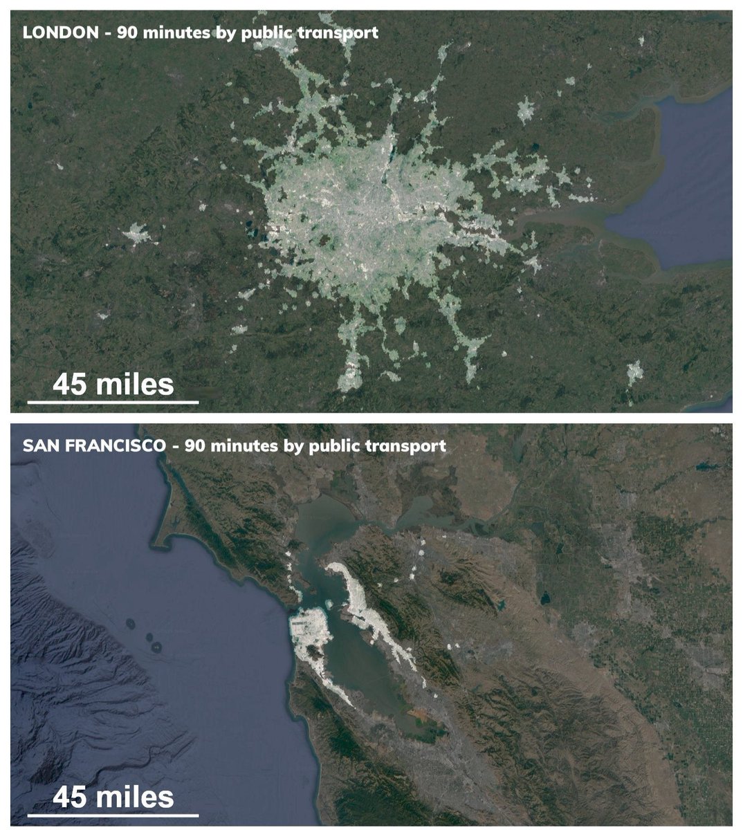 amazingmap's tweet photo. 90 minute public transport commuter zone for London vs. San Francisco
#Map #Maps #Amazingmap #Amazingmaps #transport #commute #commuter #publictransport #London #sanfrancisco https://t.co/aqFALUqtaA