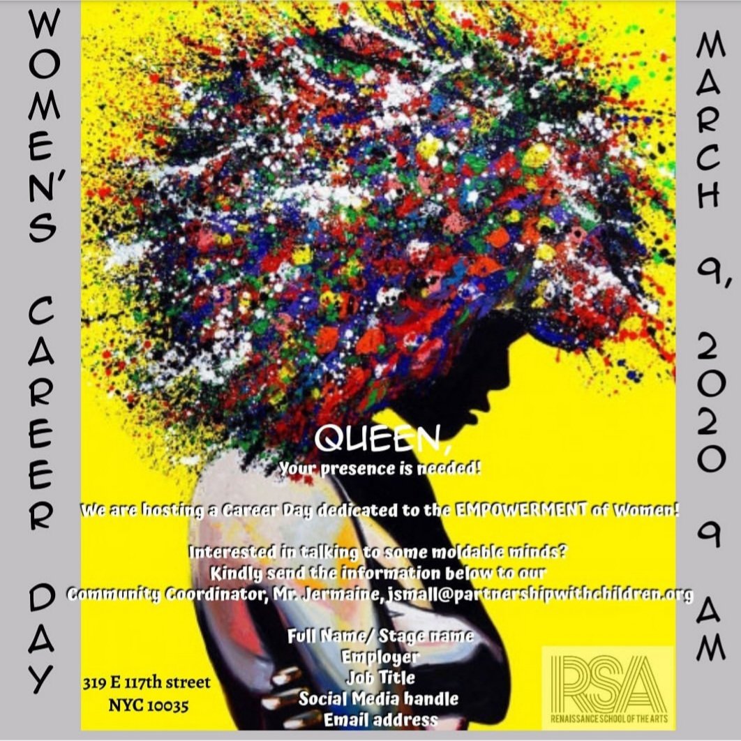 Queen,
Your presence is needed!
We are hosting a Career Day dedicated to the EMPOWERMENT of Women!
Interested in talking to some moldable minds?
Kindly email our Community Schools Coordinator, Mr. Jermaine, jsmall@partnershipwithchildren.org https://t.co/ecWA12iU03