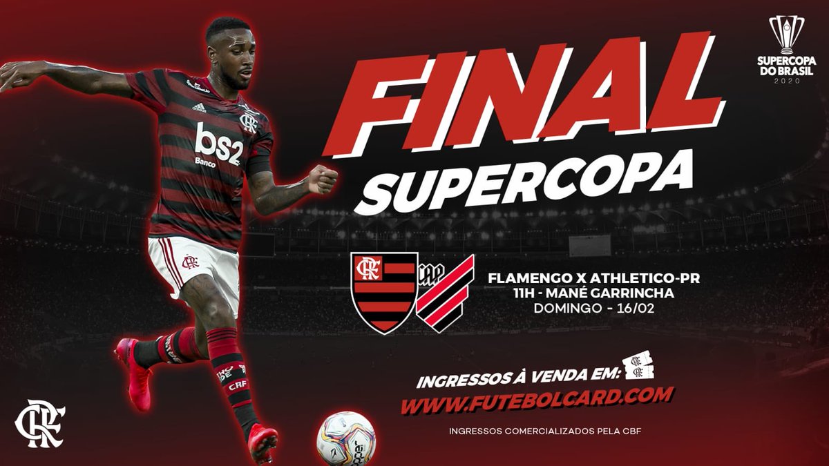 Flamengo's tweet photo. Boa noite, Nação! Domingo, às 11h, em Brasília, o Mengão vai em busca do título da Supercopa do Brasil contra o Athletico-PR. Garanta o seu ingresso em https://t.co/g4oQMeYn49! #CRF https://t.co/3RvWDFdbMf