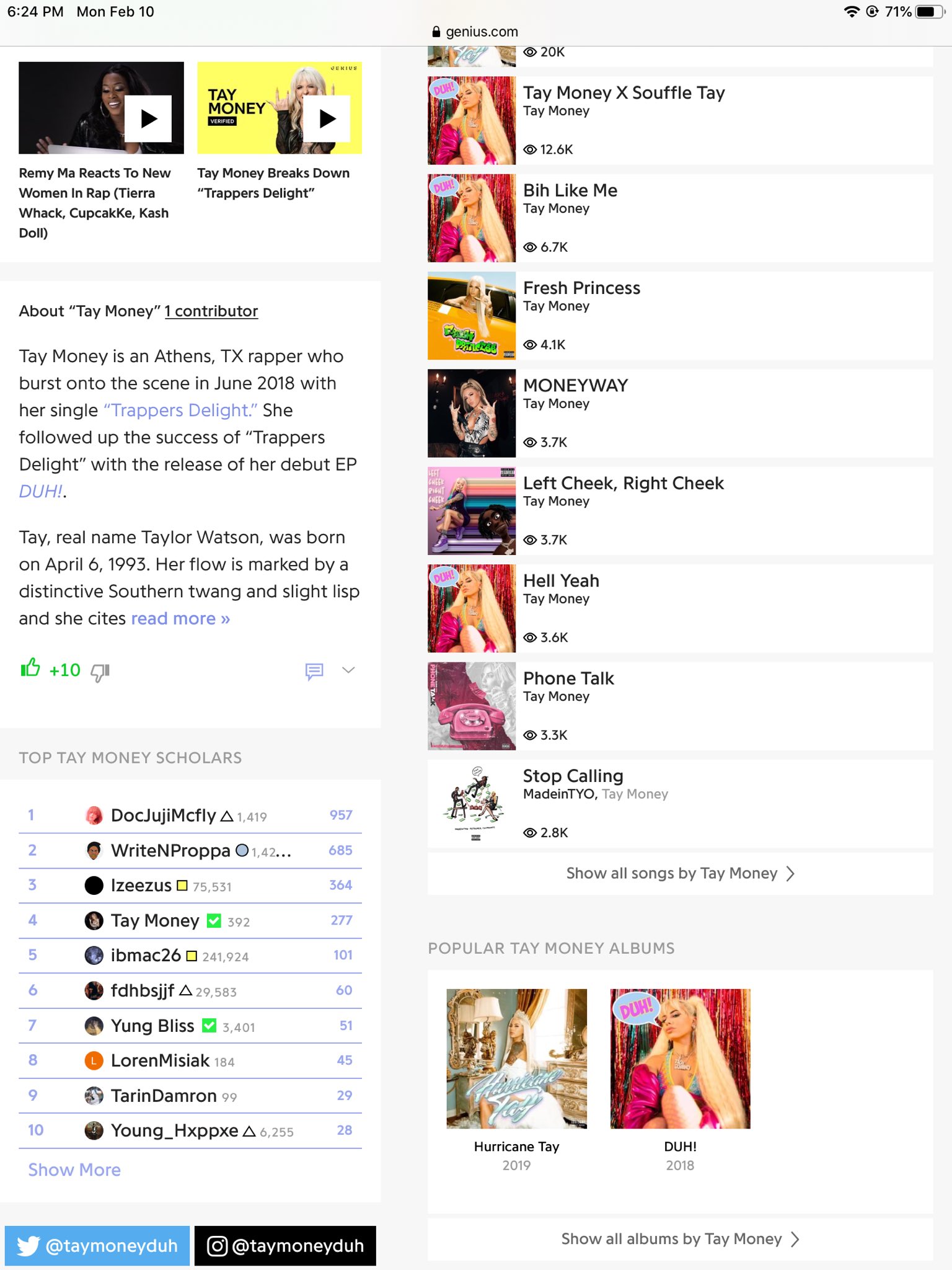Now that “Bussin” is on the charts I just wanna say I BEEN a @taymoneyduh stan and I am also her #1 contributor on @Genius I even transcribed and annotated #bussin on there. That’s all. 😂🙏 https://t.co/V19lxKMoPl