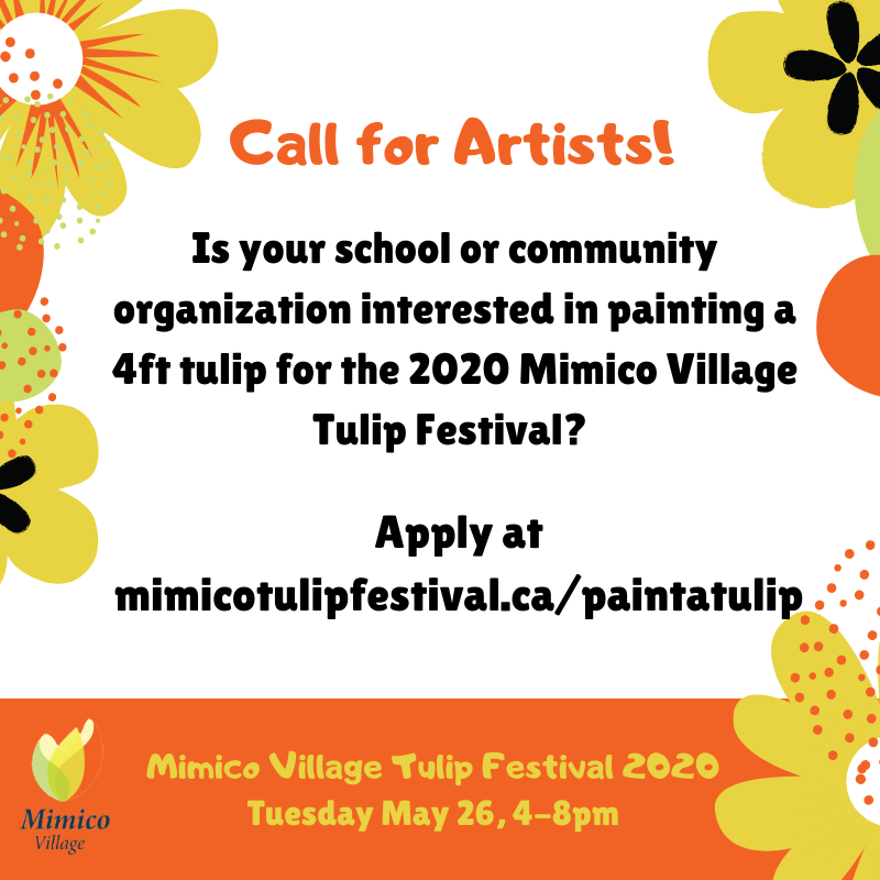 Call For Artists! Mimico Tulip Festival 2020 will be held on May 26th. We are looking for local schools and community groups to paint our tulips! The theme this year is "Playful Pollinators"! Help us bring the street to life this spring! Apply online at buff.ly/37caZ01