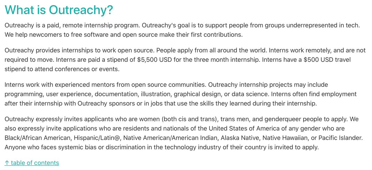 Are you from an underrepresented group &amp; trying to start your tech career? Do you want:
* to get paid $5500 for 3 months
* to work on a cool open source project
* with a mentor!
Outreachy applications are open now! Here's a guide: outreachy.org/docs/applicant/