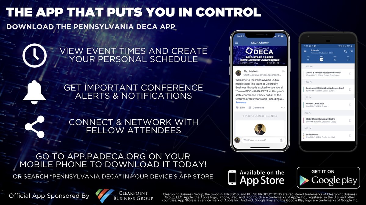 PaDECA's tweet photo. States is just over a week away! Make sure to download the PA DECA app to customize your schedule, get conference notifications, and interact with other members. Download now at https://t.co/e92CyqlS37 on your mobile phone. #PADECA https://t.co/kWervn77Sn