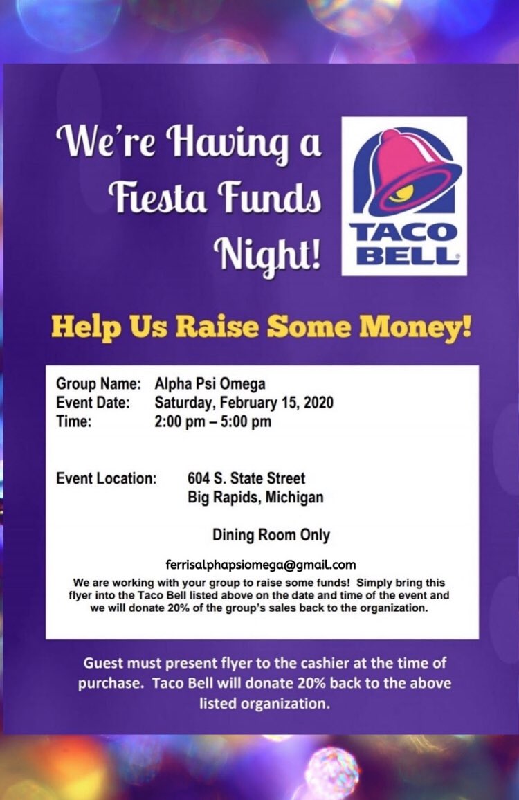 FSUTheater's tweet photo. Hi all! If you are in the Big Rapids area this Saturday, please come support Alpha Psi Omega during our Taco Bell fundraiser! The event is from 2pm-5pm, dining room only. You must bring the flyer or a picture of the flyer to the event. Thank you for your support! https://t.co/w0W10M8js3