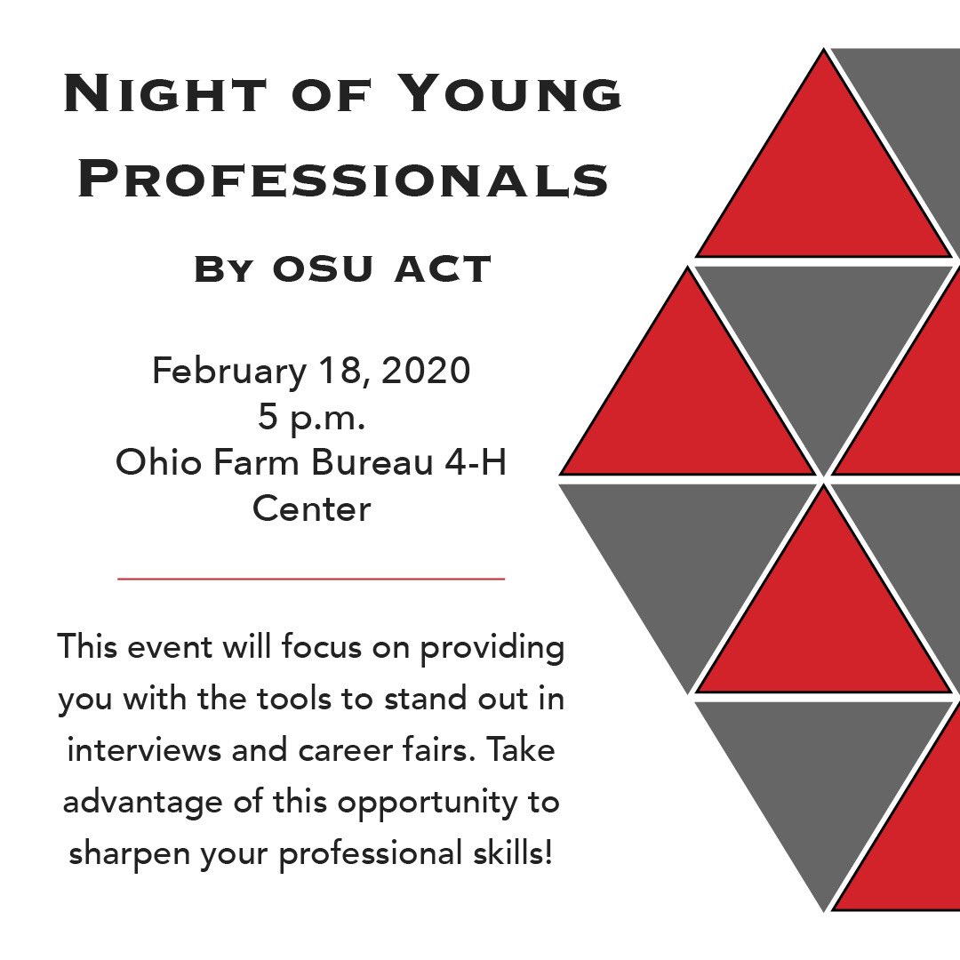 OSU_ACT's tweet photo. Use the link in our bio to register for our Night of Young Professionals! We will have free headshots and food, as well as professional development tips. #NYP2020 https://t.co/JMRXcL0Fcz