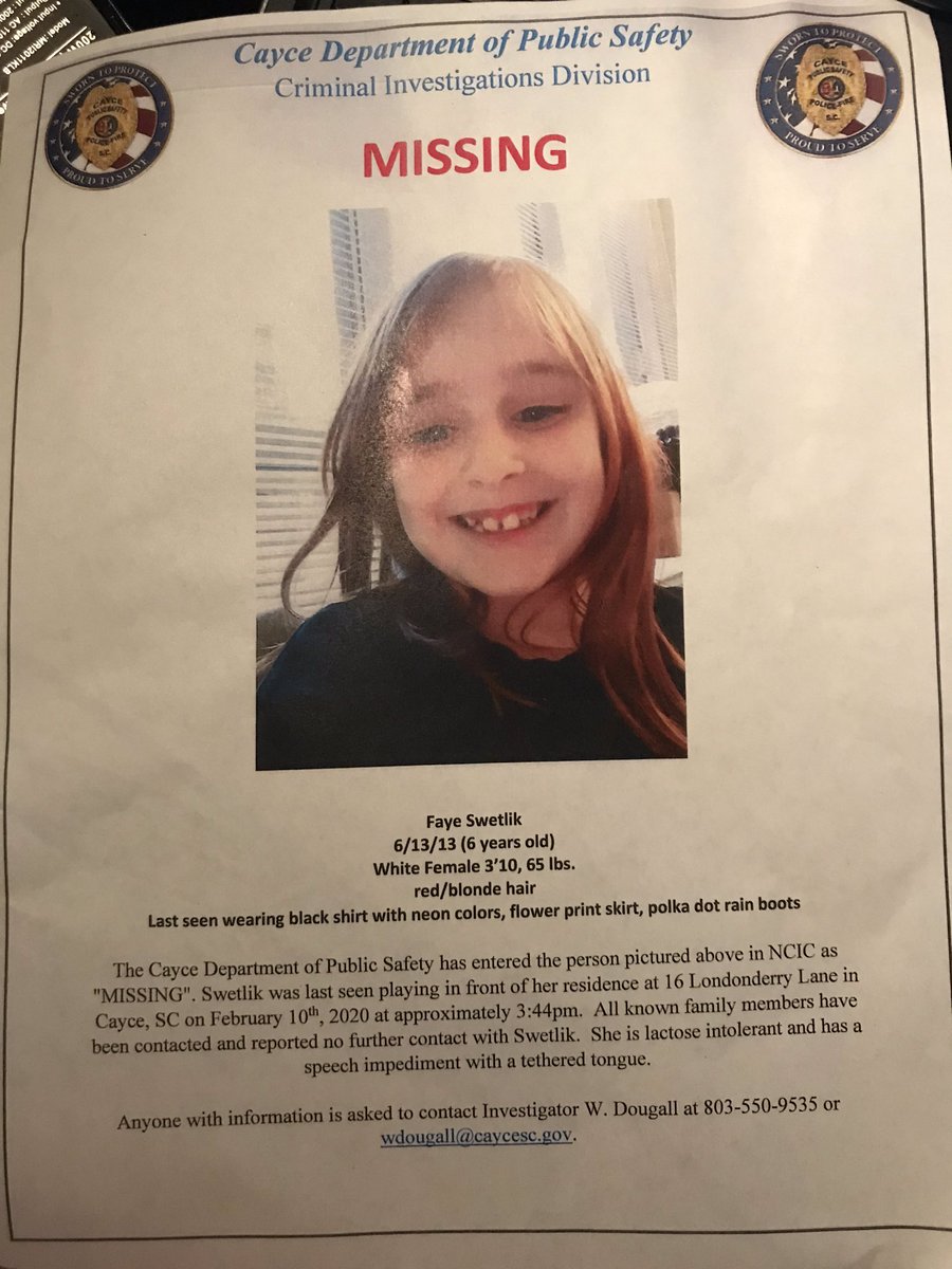 Flyers have gone out wirh more information on the search for missing 6-year-old Faye Swetlik. She was last seen playing in front of her home on Londonderry Ln. in Cayce around 3:44pm. <a href="/WLTX/">News19 WLTX</a>