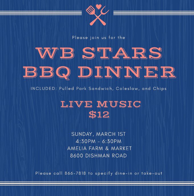 Come hang out, eat BBQ &amp; listen to live music by Spencer Marks. Sunday March 1st, 4:30 - 6:30, Amelia Farms, tickets $12!🍴💙  #wbhsstars