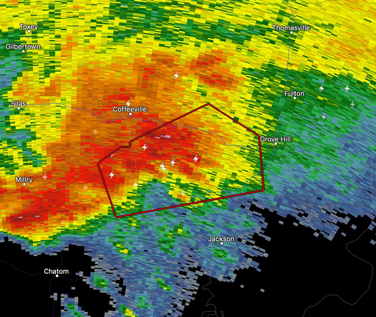DANGEROUS high-precipitation or HP supercell with tornado warning is heading in the direction of Grove Hill, AL, with a tornado warning just to the southwest as of 7:33 pm CST! The large inflow zone (bright pink) of this couplet is a classic precursor for tornado development