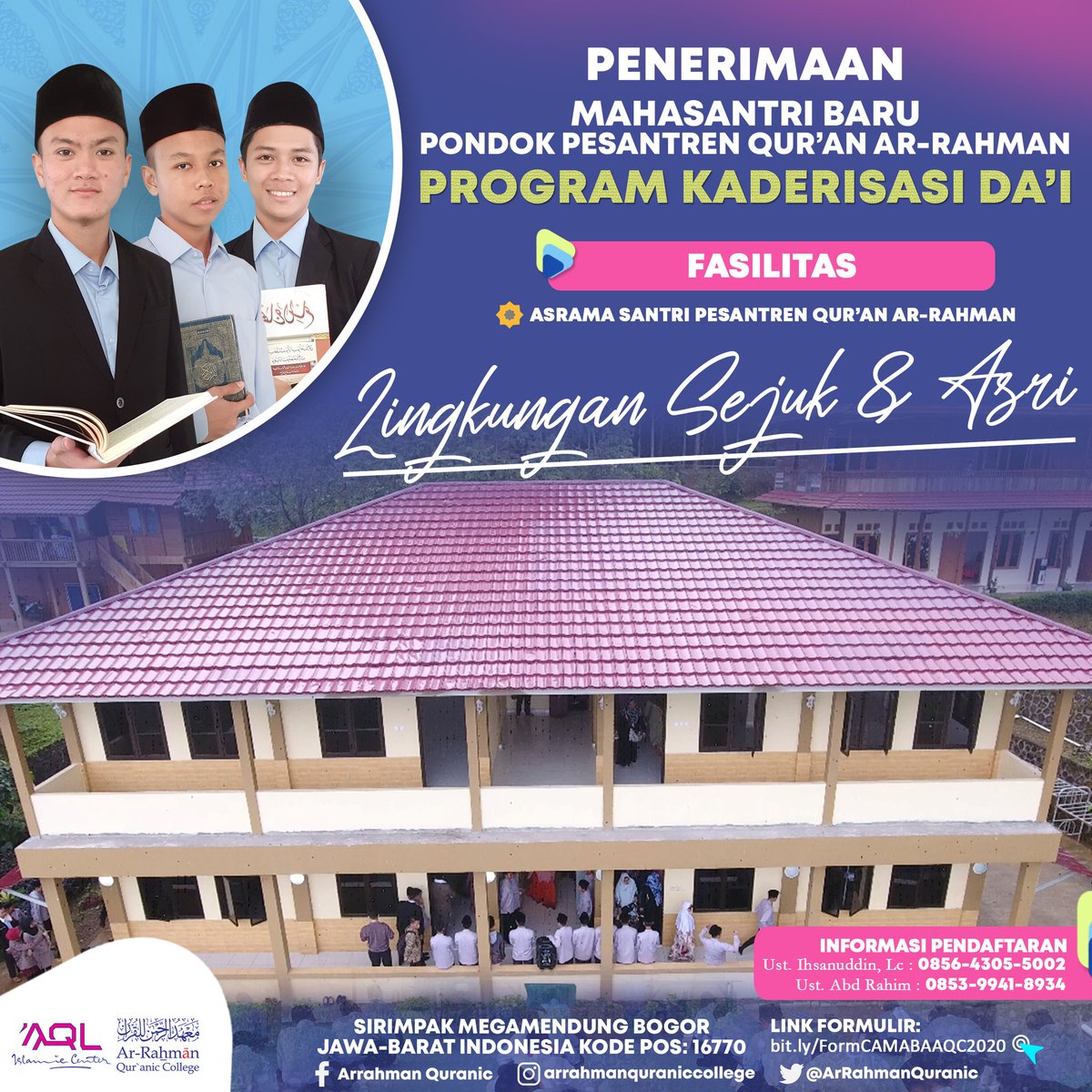 ArRahmanQuranic's tweet photo. Fasilitas:
Asrama para penghafal al qur'an
.......
📋Pendaftaran Dibuka Mulai:
Gel I: 01 Januari-29 Februari 2020
.
💬 Info lengkap :
Ar-Rahman Qur'anic College, Kampung Sirimpak, Mega Mendung, Bogor, Jawa Barat
.
☎… https://t.co/z3u28v8Si6 https://t.co/BjQSiHZjJQ