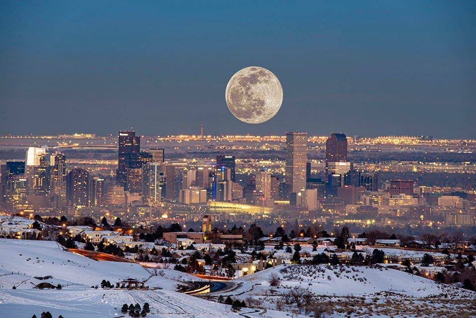 Called a snow moon over Denver shot from Red Rocks Park