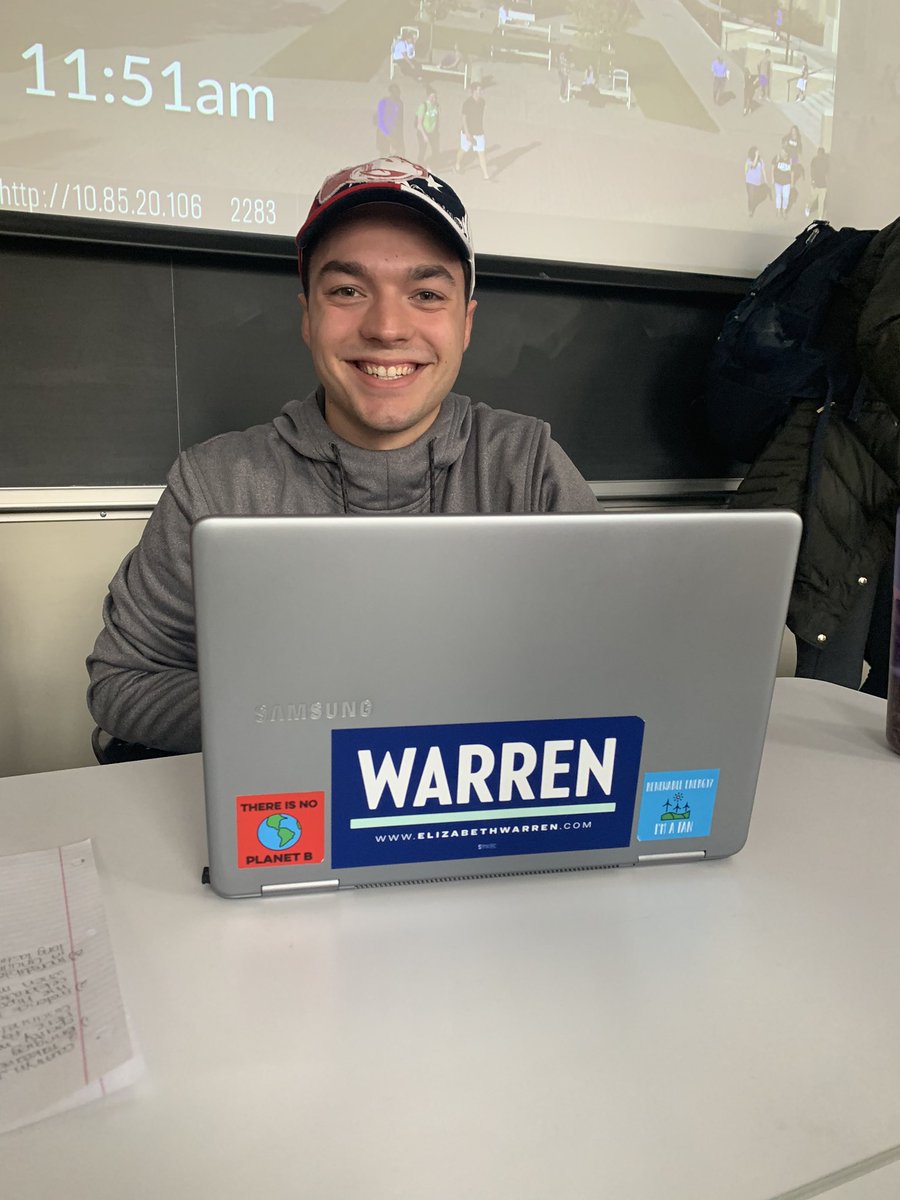 Nothing better than sitting down in class and having Liam pulls out this computer with THIS computer sticker on ❤️🙌🏻 #studentsforwarren