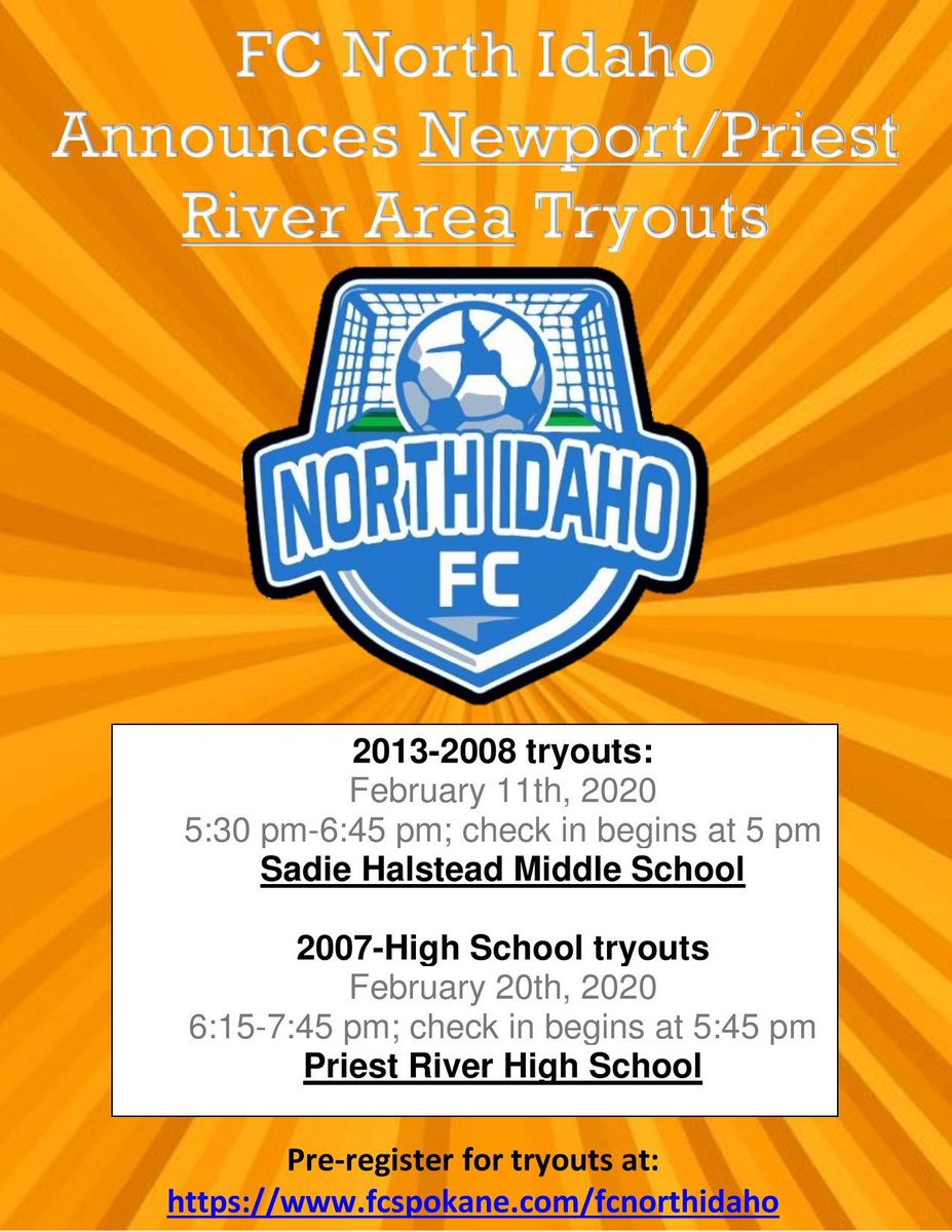 FCSpokane's tweet image. Tomorrow, Feb 11, is our first tryout for the Priest River/Newport/Spirit Lake area. This is an exciting night as we introduce club soccer to their area. Join us at Sadie Halstead MS and be a part of tryouts. Night #1 is for those born in the years 2008-2013.