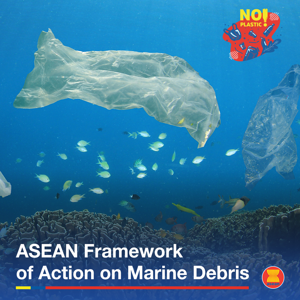 ASEAN's tweet photo. In 2019, #ASEAN issued the Framework of Action on Marine Debris to combat pollution on marine biodiversity, environment, health, society and economy in the region. The framework is a crucial first step towards a transition to circular economy. Learn more: https://t.co/TthSDyzXKd https://t.co/ZAFKQXNvl8