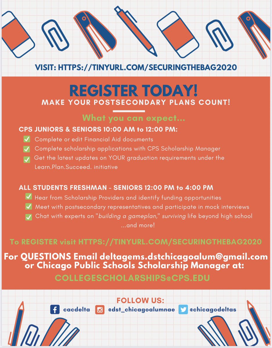 ChicagoDeltas's tweet photo. You can help #ChicagoStudents secure their educational bags! Spread the word about this Saturday’s FREE @ChiPubSchools college preparation workshop. Help students build game plans for life after 12th grade. #ChicagoDeltas #FreeEvent #CollegePrep #WestSide #TagAMom https://t.co/3exM6ENenU