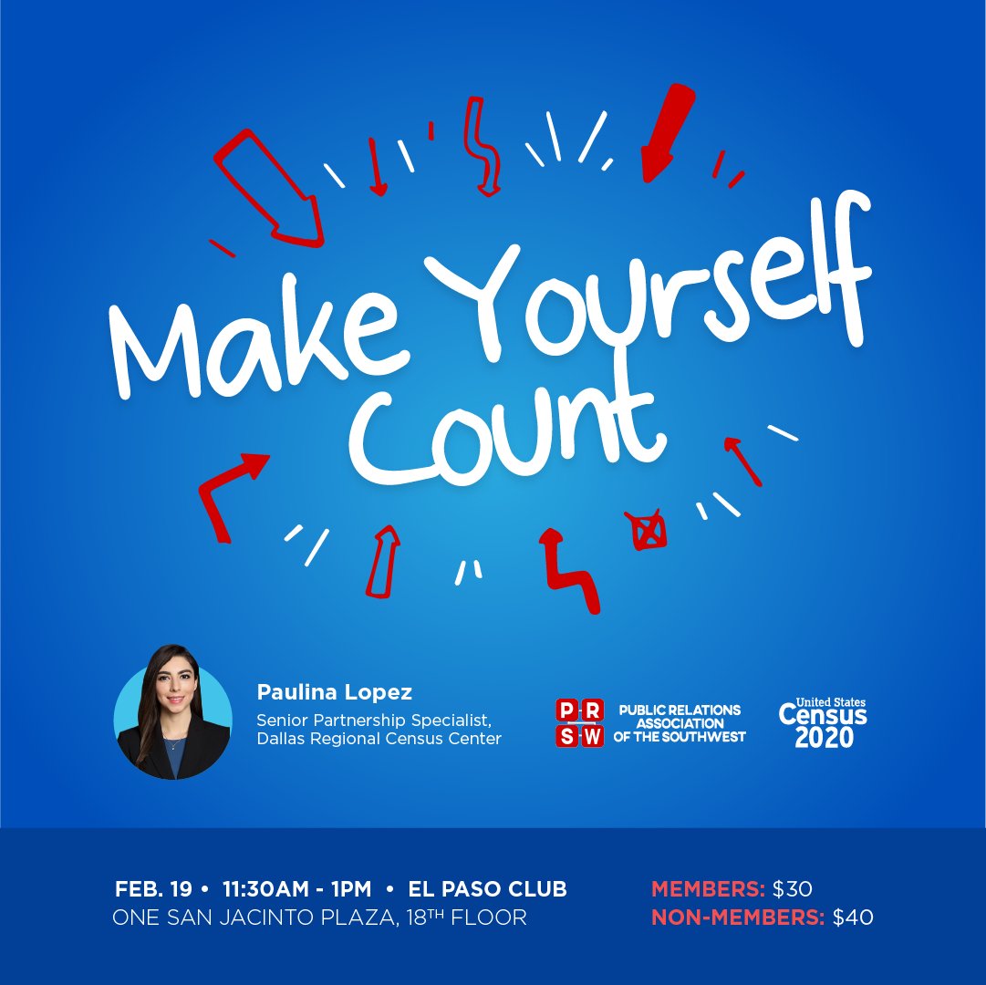 PRSWelpaso's tweet photo. Our February luncheon topic has officially been announced! "Make Yourself Count" featuring a presentation from the local branch of the U.S. Census Bureau. They'll be discussing many of exciting initiatives the U.S. Census Bureau has put together to increase participation. https://t.co/k9Skd03uLI