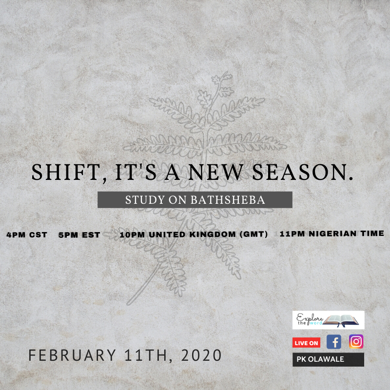 PKOlawale's tweet photo. “SHIFT, IT'S A NEW SEASON: STUDY ON BATHSHEBA ” ⠀
See you live tomorrow on all our social media platforms. Invite all your friends and family, God bless in Jesus name. Amen!⠀⠀
#ExploreTheWord #ShiftSeason #God #BibleStudy #TheWordOfGod #PkOlawale #BolaOlawale #CmanGlobal https://t.co/40tfIZ8cW8