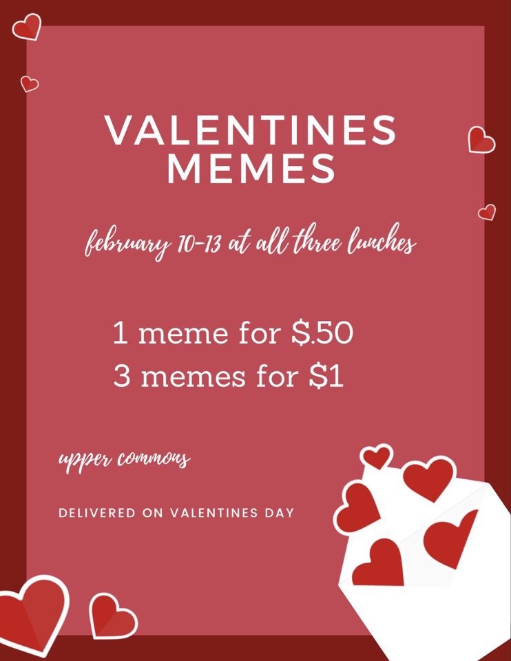 LSEStuCo's tweet photo. Valentine’s day is Friday! If you’re talking, dating, or best friends, send them a valentine! This week we are selling valentines memes at all lunches for 50 cents or 3 for $1! https://t.co/g4cjpjXOhD
