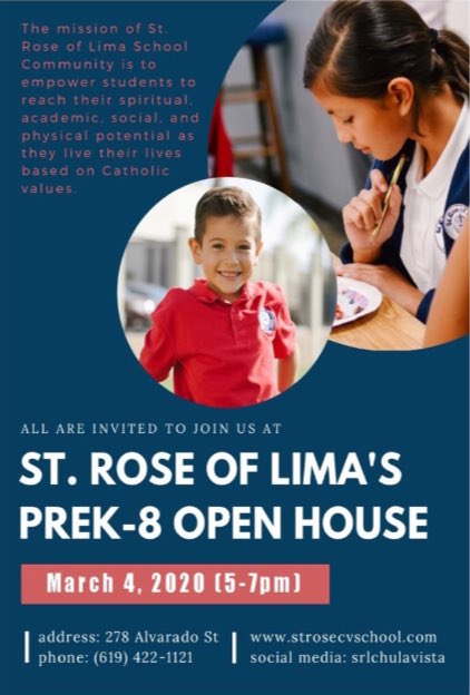 SRLChulaVista's tweet photo. We invite all prospective families to come to our open house on March 4, from 5-7 pm. 🗓✏️ We look forward to meeting you and showing you what St. Rose of Lima School is all about. #openhouse #catholicschools #chulavista #catholiceducation https://t.co/IzPrSmWItQ