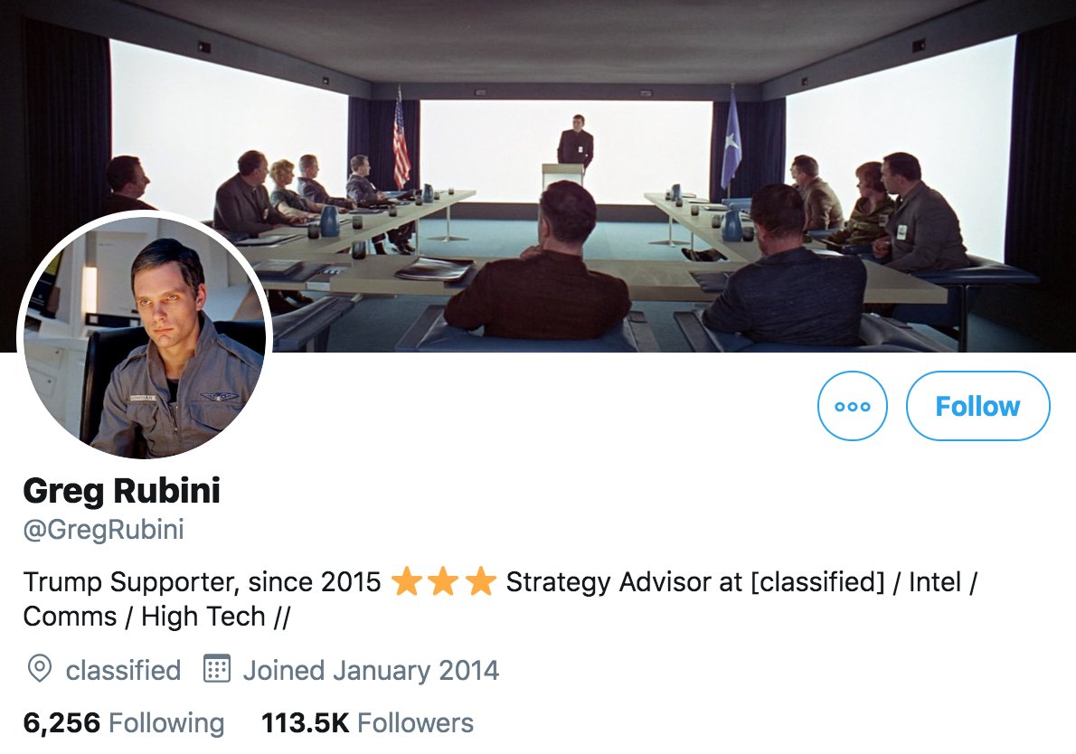 Here's an interesting account.  @GregRubini is a stalwart US citizen who spreads a veritable buffet of conspiracy theories involving anything and everything from space travel, 9/11, Syria, Novichok, and the Vatican to over 113K Twitter followers. cc:  @ZellaQuixote
