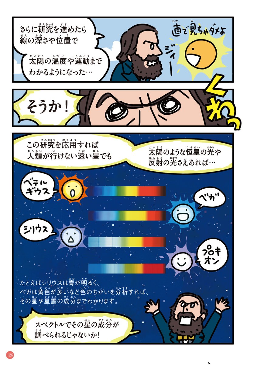【?宇宙発見伝?】その2
『天文学者たちが250年以上かかって、光から何万光年も離れた星の成分を解明した話』②

漫画の絵を担当した『そうだいすぎて気がとおくなる 宇宙の図鑑』https://t.co/JlWq98ur9L より抜粋。太っ腹な版元さんからお許しが出たのでUPしました。 
