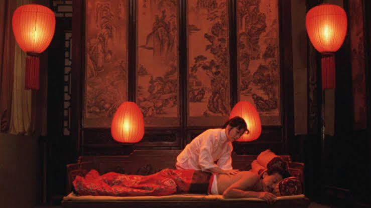 raise the red lantern (dir. zhang yimou, 1991)- three concubines fight for the attention of the master of the house who chooses who gets his favors on a daily basis- the youngest, songlian, slowly gets disillusioned with her life as a concubine competing with other women