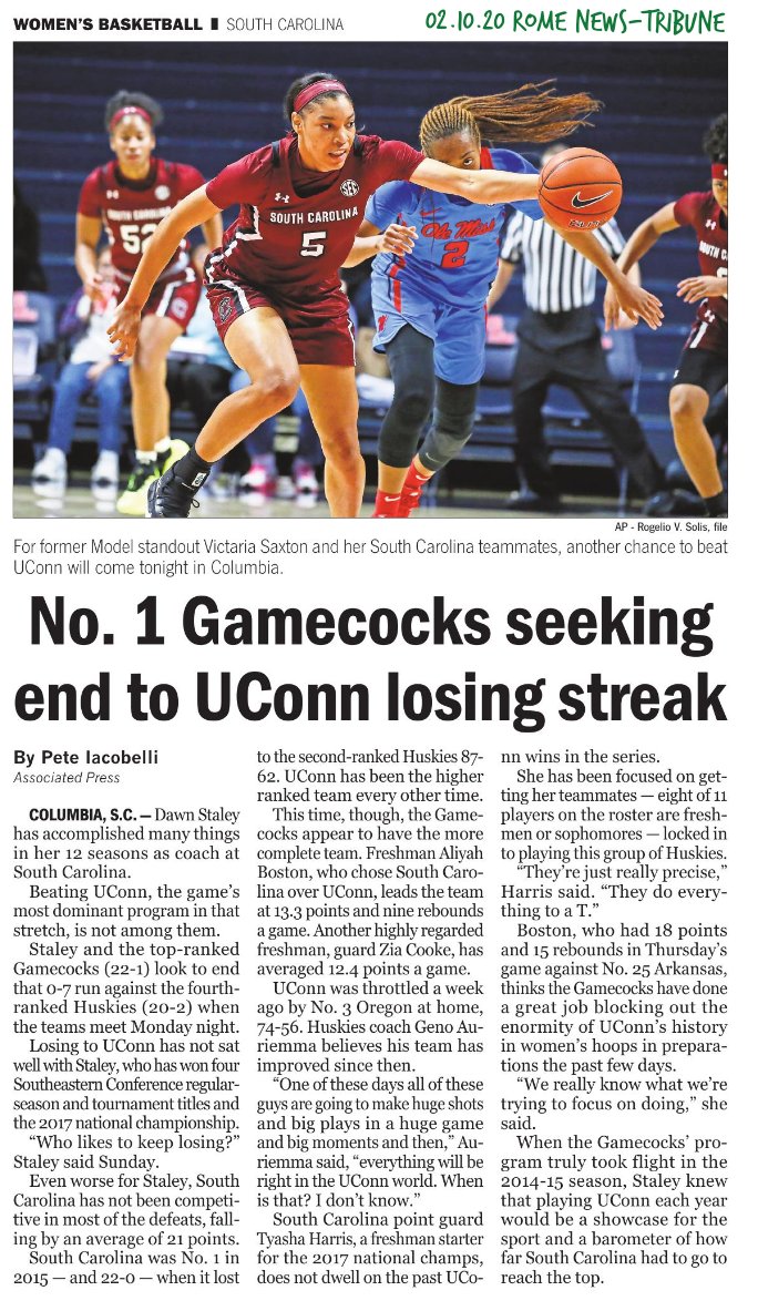 Such Fun to open Monday's @romenewstribune and see a 📷 of our GrandChief @vsaxton25 Congratulations @GamecockWBB for the WIN over UConn! 🐓70 to 🐕52  ❤🐓🏀🌟 #JerseyNo5 #VSSquad