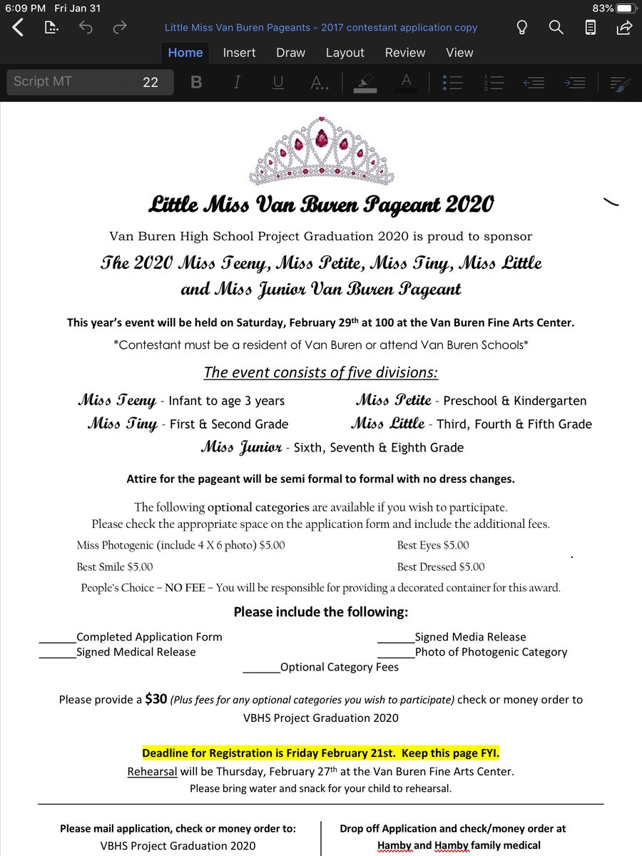 2020Vbhs's tweet photo. If you know someone who would like participate in our Pageant please pick up applications at any Van Buren school or at Hamby and Hamby! #pageants #classof2020 #vanburen  @VanBurenHS @VBSDActivities @VBSDAthletics https://t.co/jXHN2Y3cAz